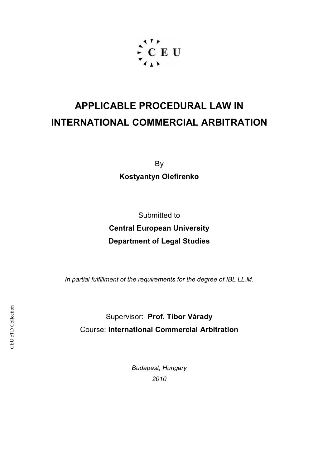 Applicable Procedural Law in International Commercial Arbitration