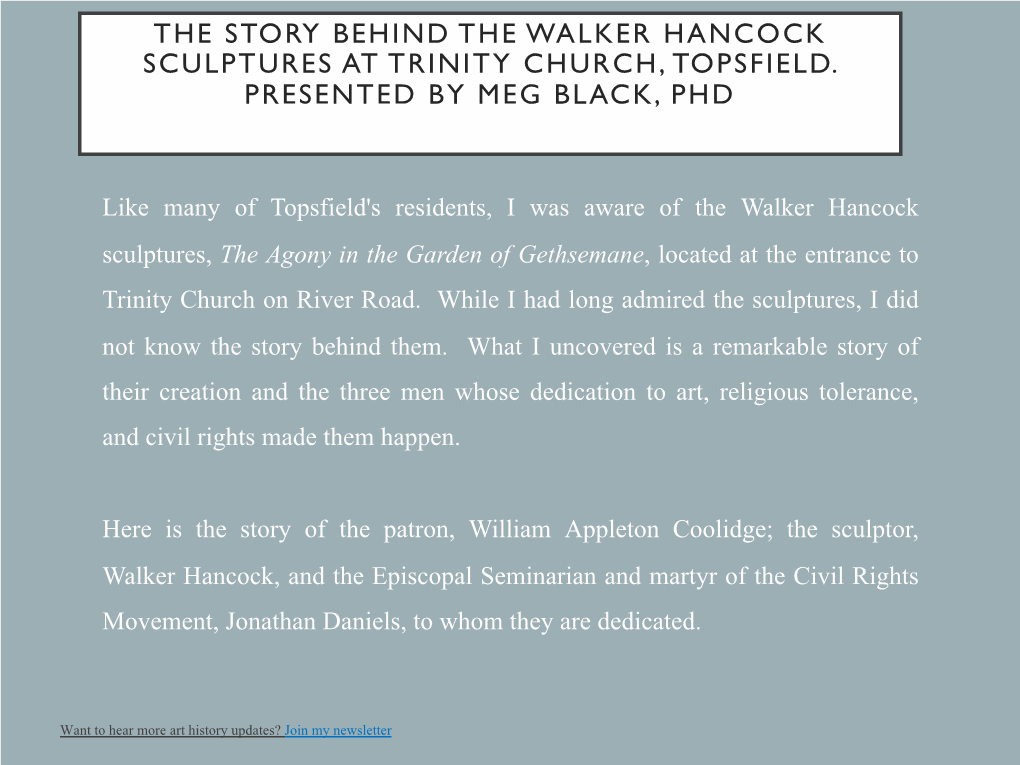 The Story Behind the Walker Hancock Sculptures at Trinity Church, Topsfield. Presented by Meg Black, Phd