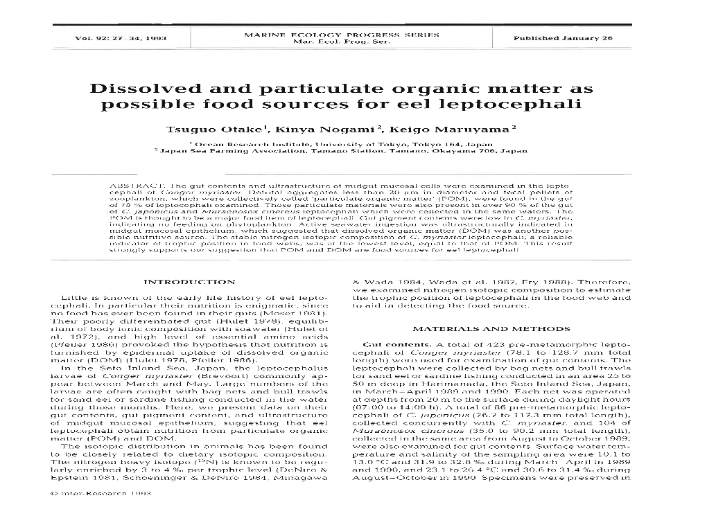 Articulate Organic Matter As Possible Food Sources for Eel Leptocephali