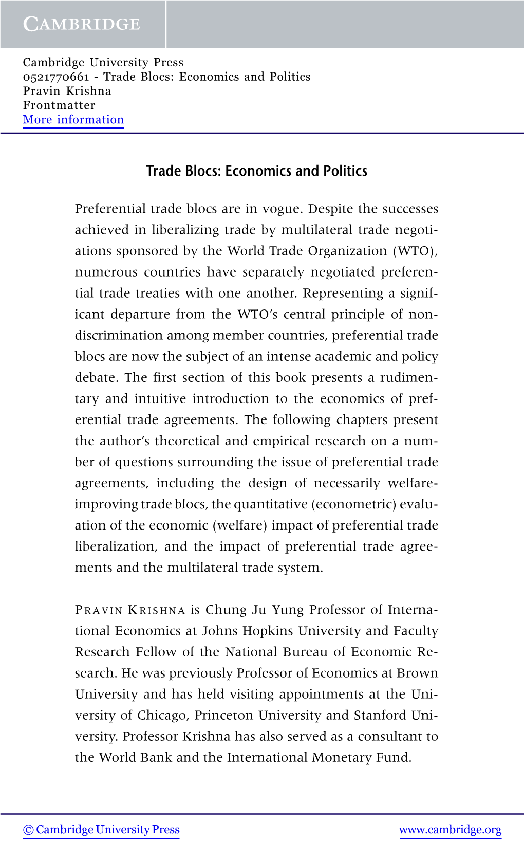 Trade Blocs: Economics and Politics Pravin Krishna Frontmatter More Information