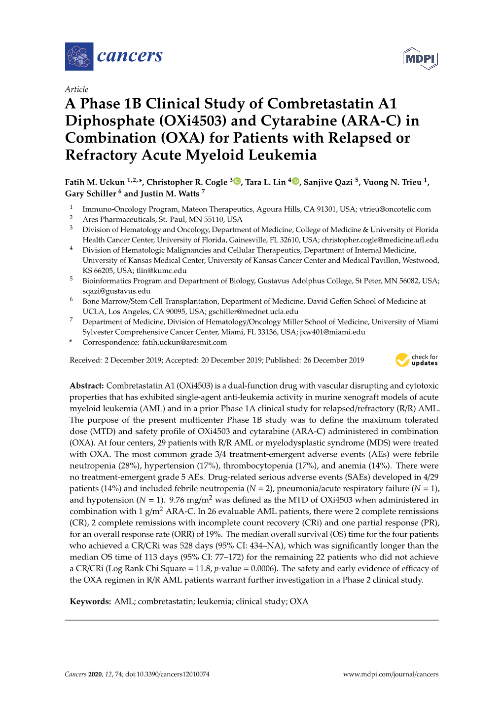 A Phase 1B Clinical Study of Combretastatin A1 Diphosphate