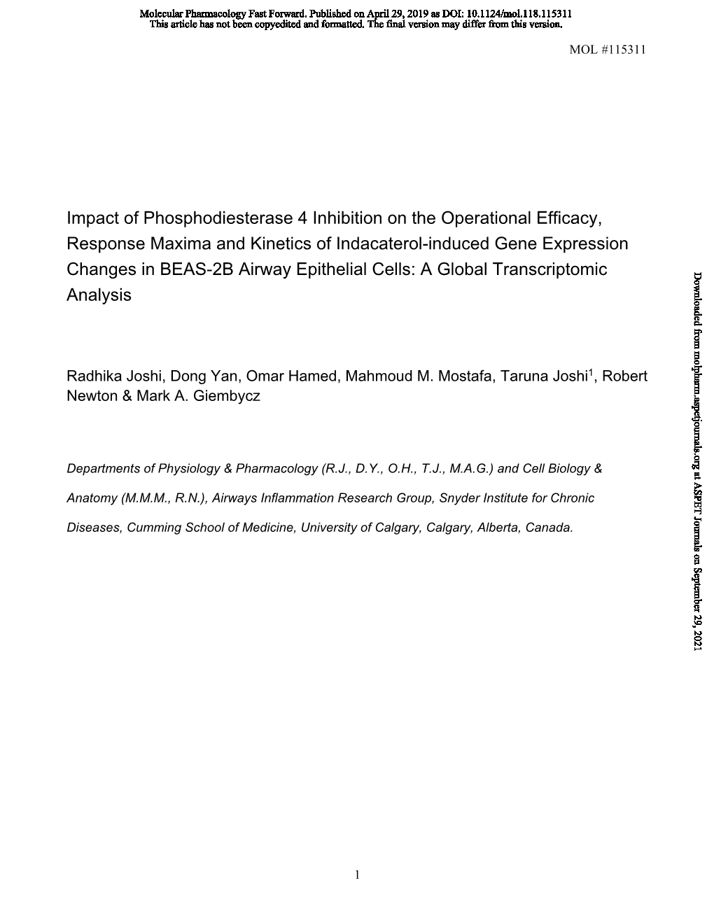 Impact of Phosphodiesterase 4 Inhibition on the Operational Efficacy, Response Maxima and Kinetics of Indacaterol-Induced Gene Expression