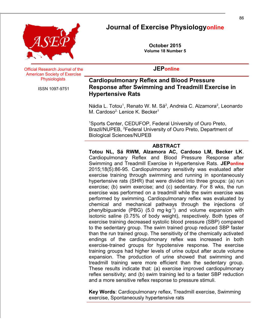 Cardiopulmonary Reflex and Blood Pressure Response After Swimming and Treadmill Exercise