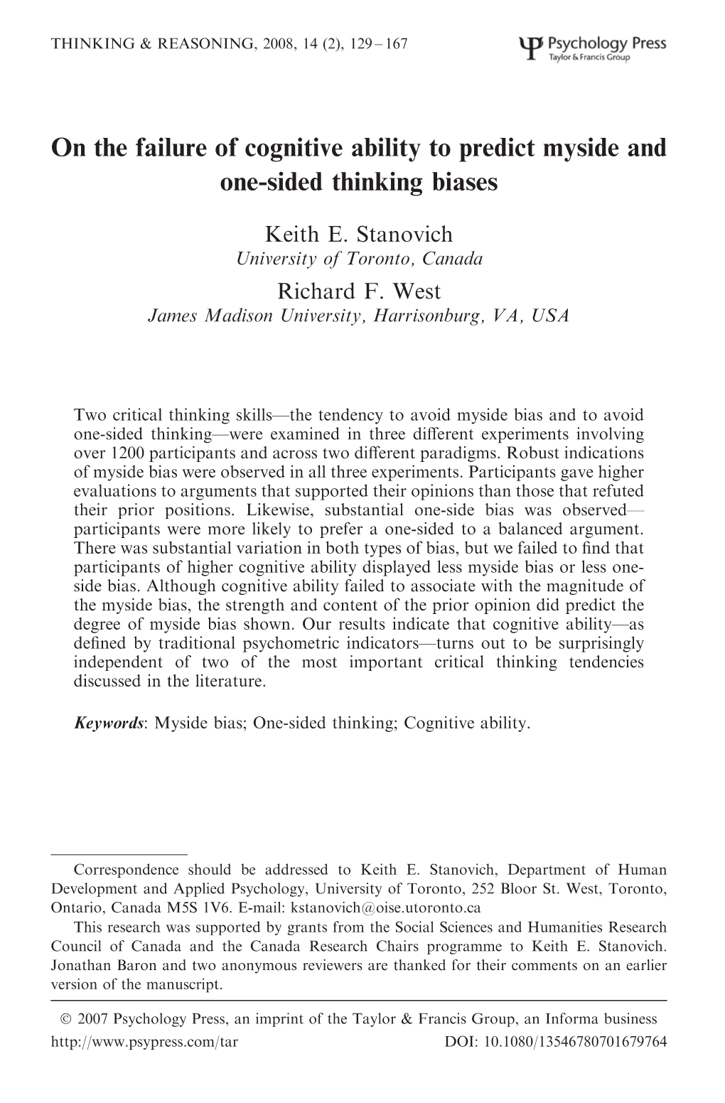 On the Failure of Cognitive Ability to Predict Myside and One-Sided