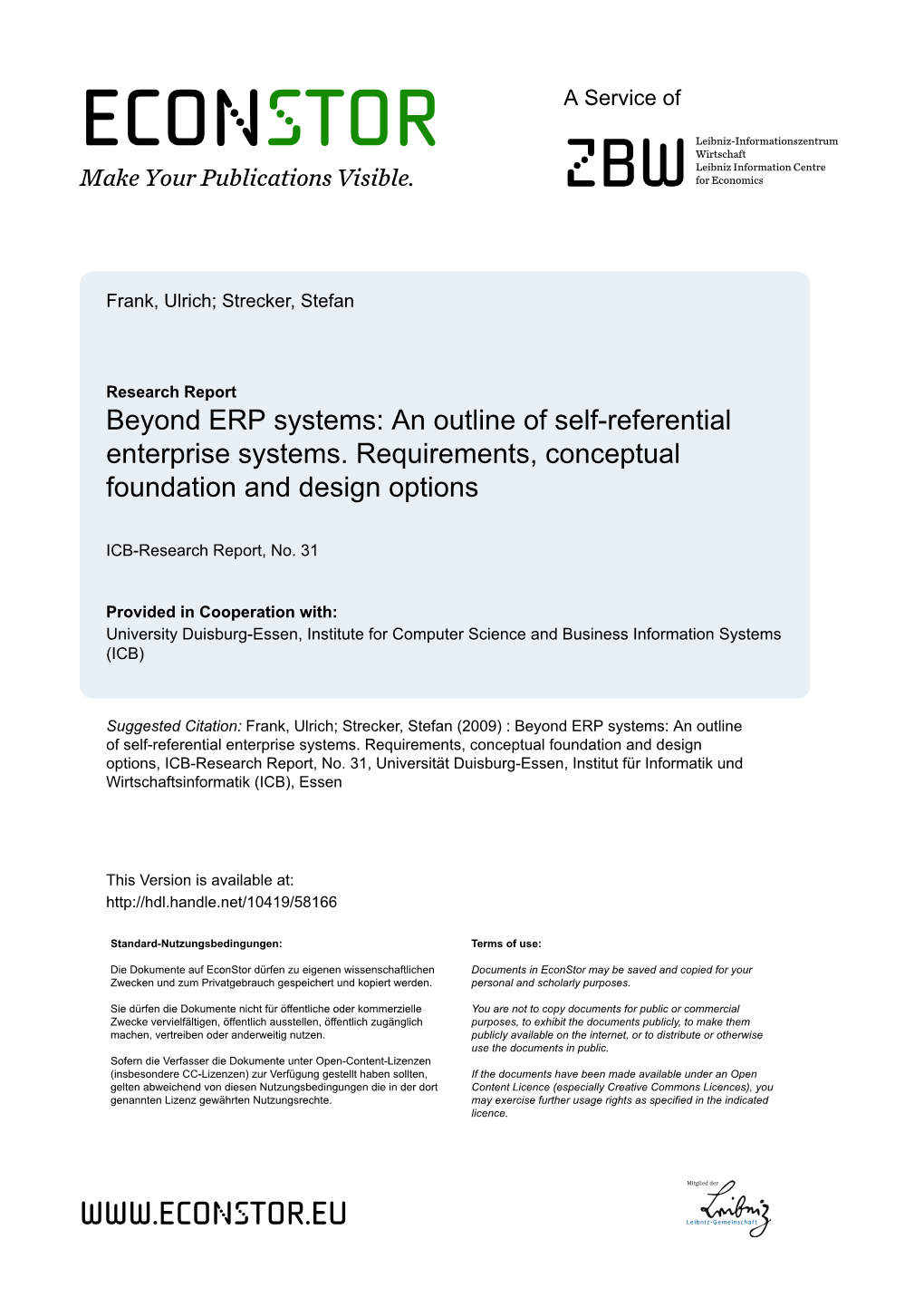 Beyond ERP Systems: an Outline of Self-Referential Enterprise Systems