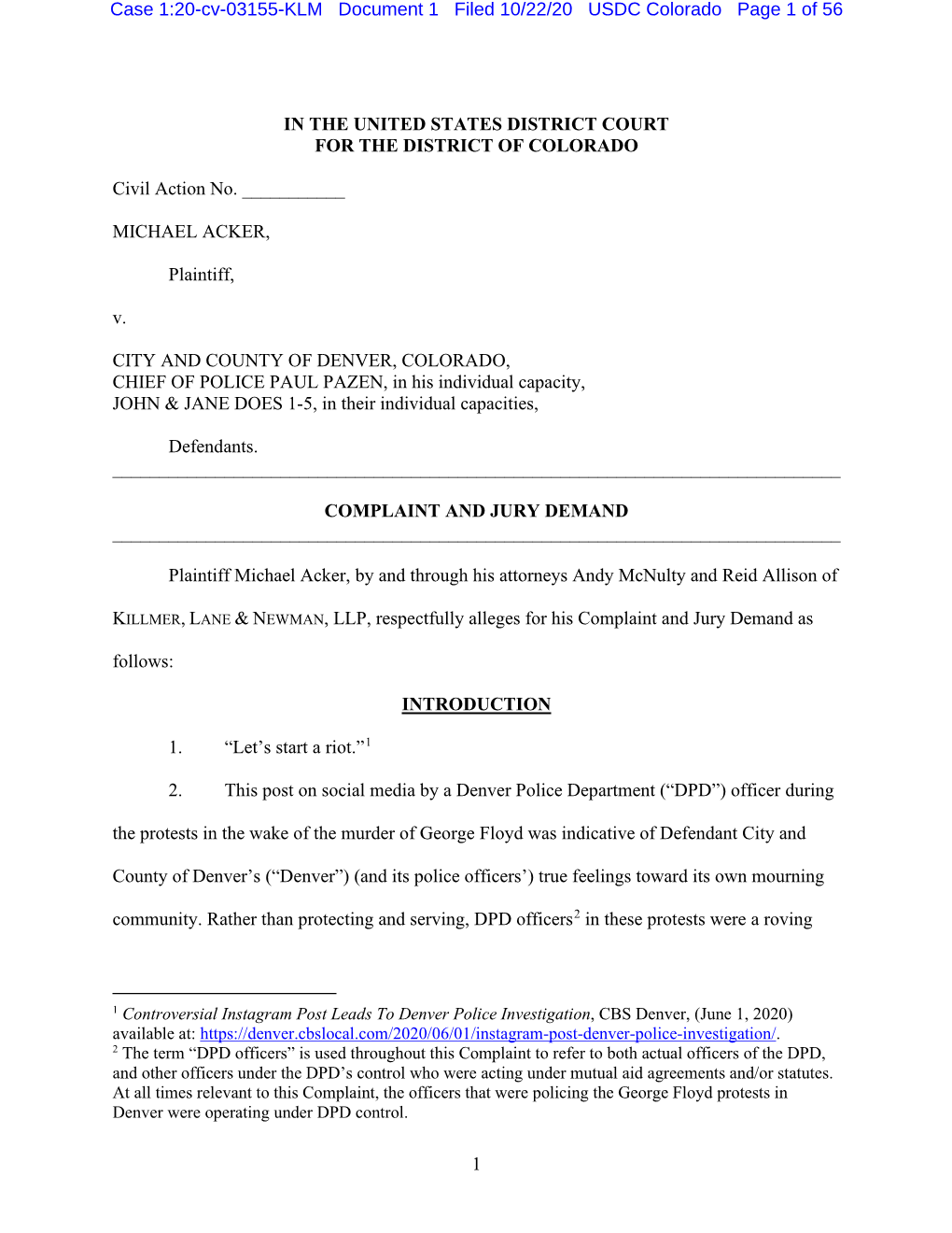 Case 1:20-Cv-03155-KLM Document 1 Filed 10/22/20 USDC Colorado Page 1 of 56