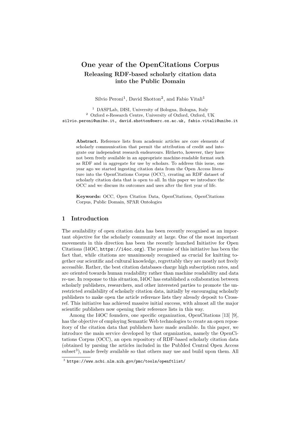 One Year of the Opencitations Corpus Releasing RDF-Based Scholarly Citation Data Into the Public Domain