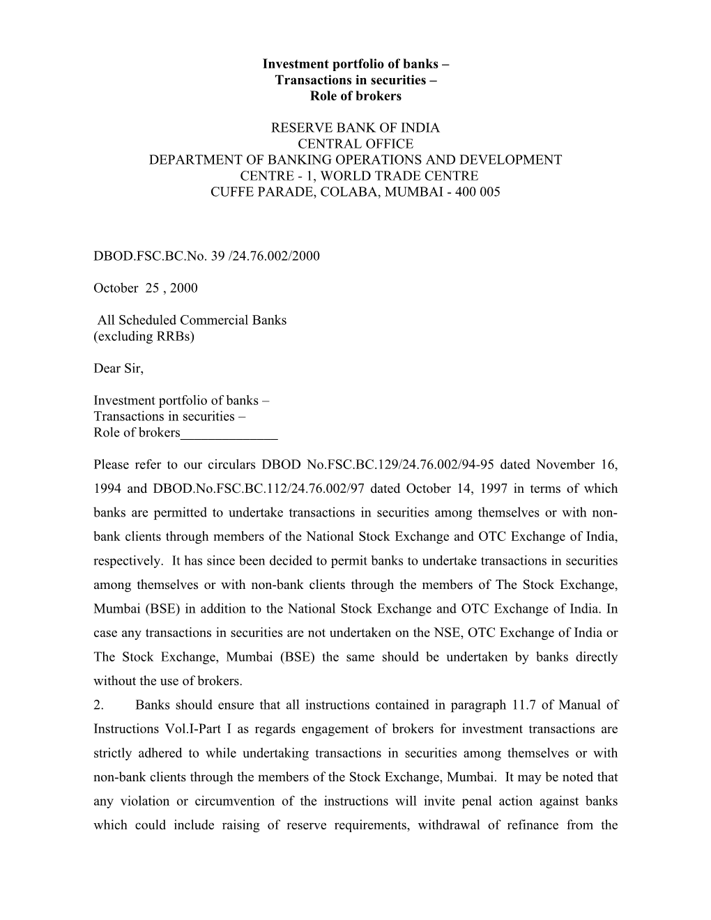 Investment Portfolio of Banks – Transactions in Securities – Role of Brokers