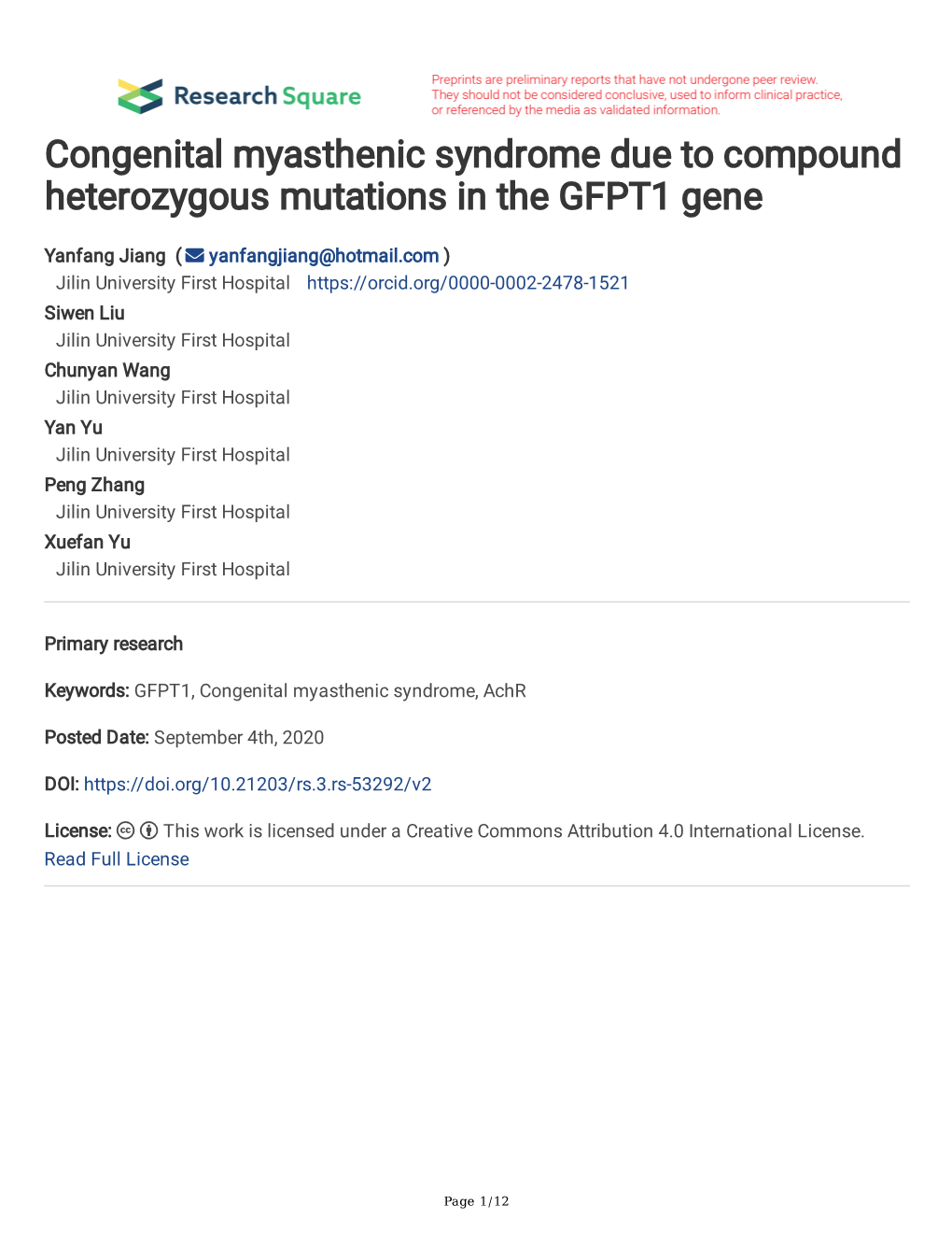 Congenital Myasthenic Syndrome Due to Compound Heterozygous Mutations in the GFPT1 Gene