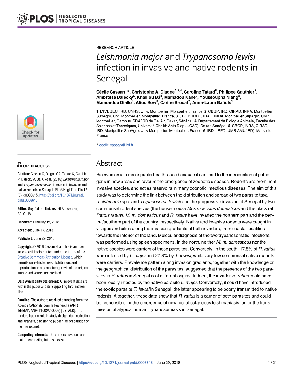 Leishmania Major and Trypanosoma Lewisi Infection in Invasive and Native Rodents in Senegal