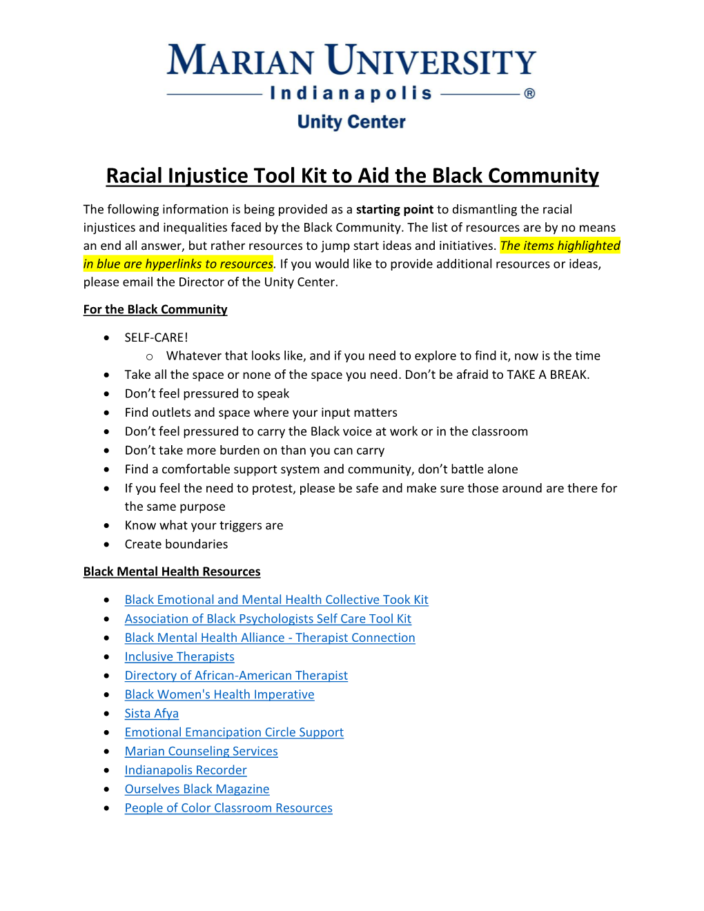 Racial Injustice Tool Kit to Aid the Black Community