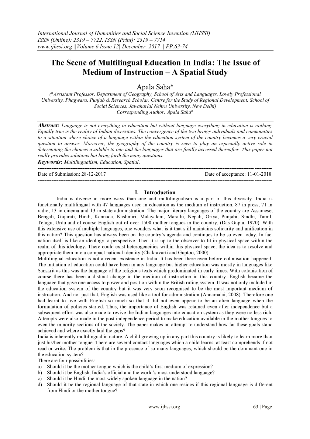 The Scene of Multilingual Education in India: the Issue of Medium of Instruction – a Spatial Study