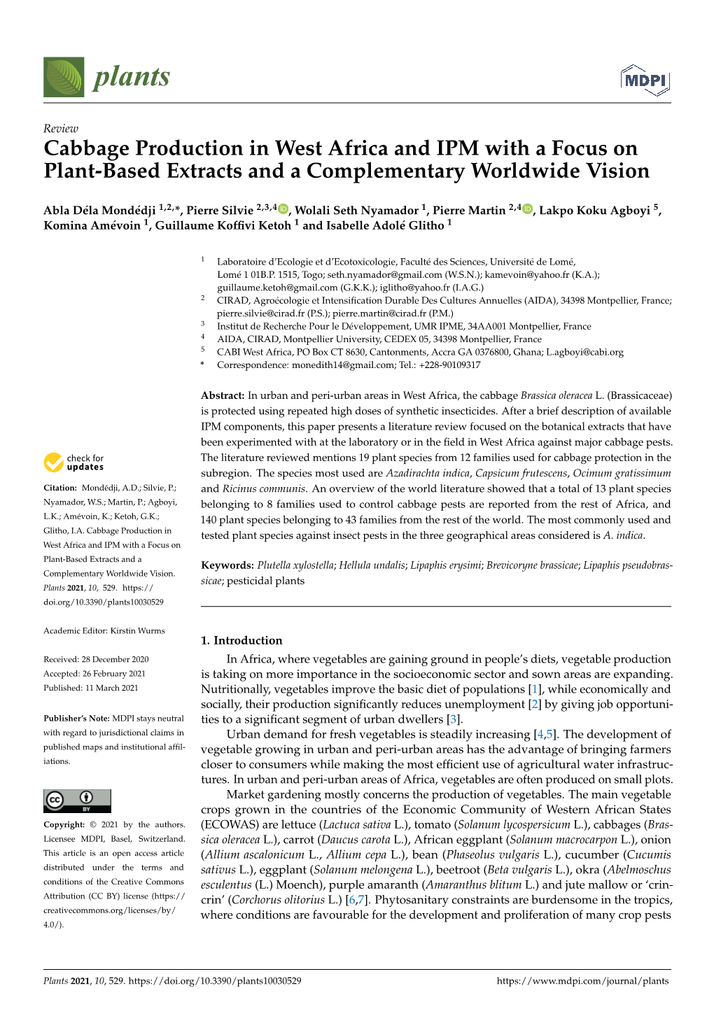 Cabbage Production in West Africa and IPM with a Focus on Plant-Based Extracts and a Complementary Worldwide Vision