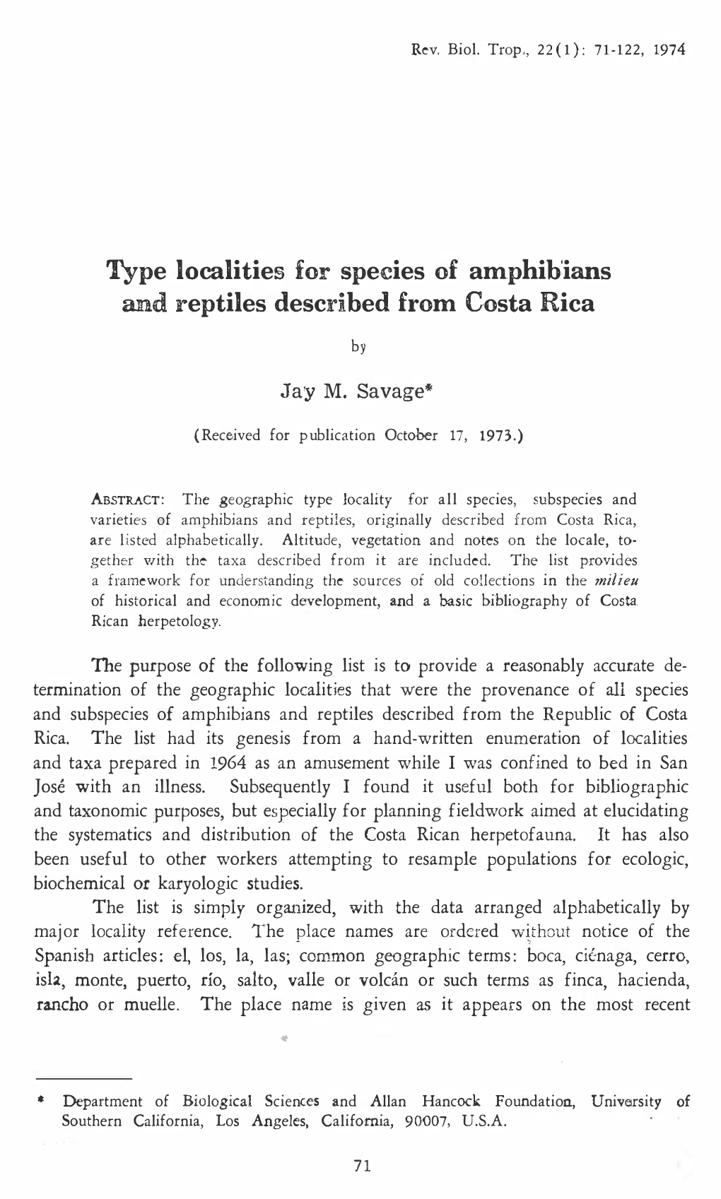 Species of Am.Phib'ians And. Reptiles Described from Costa Rica