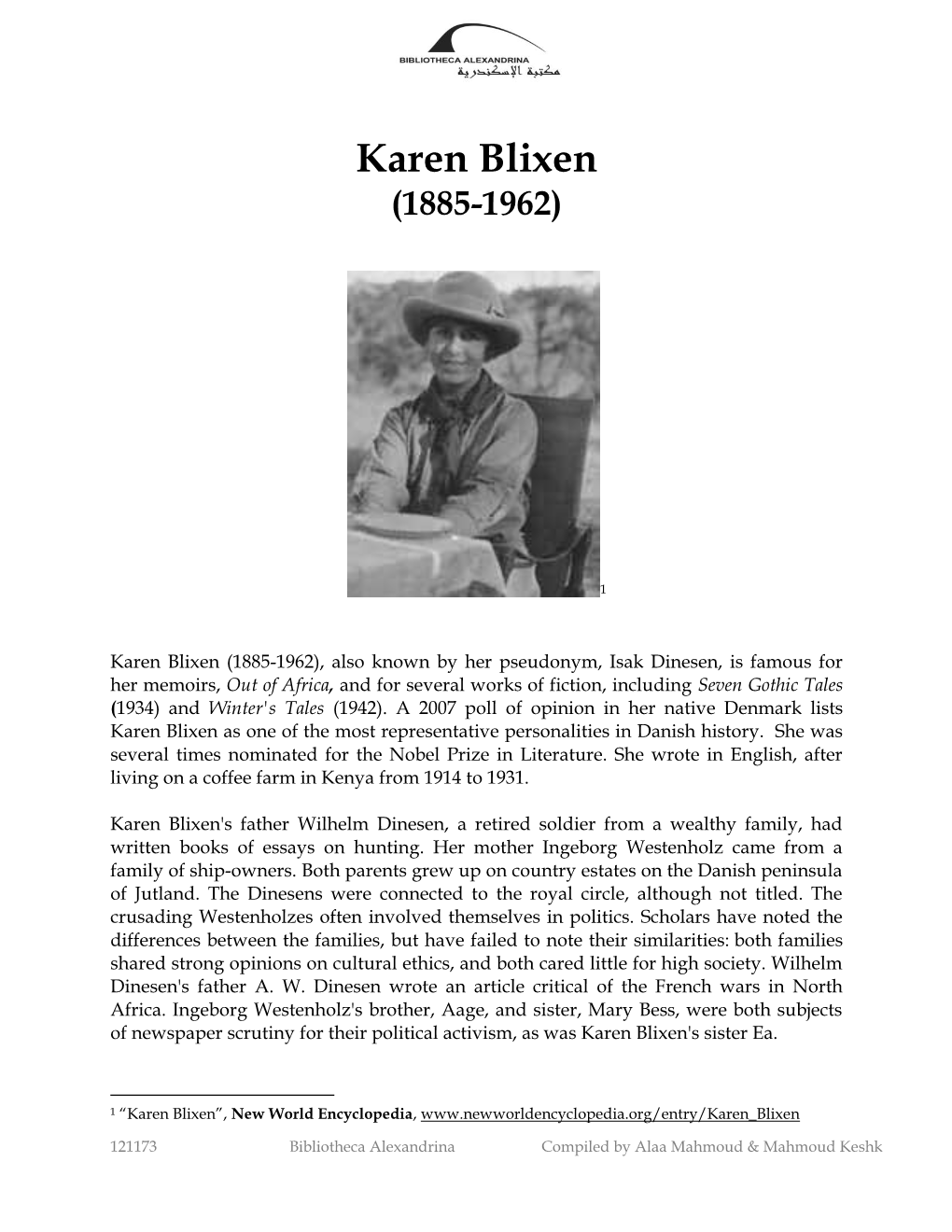 Karen Blixen (1885-1962)