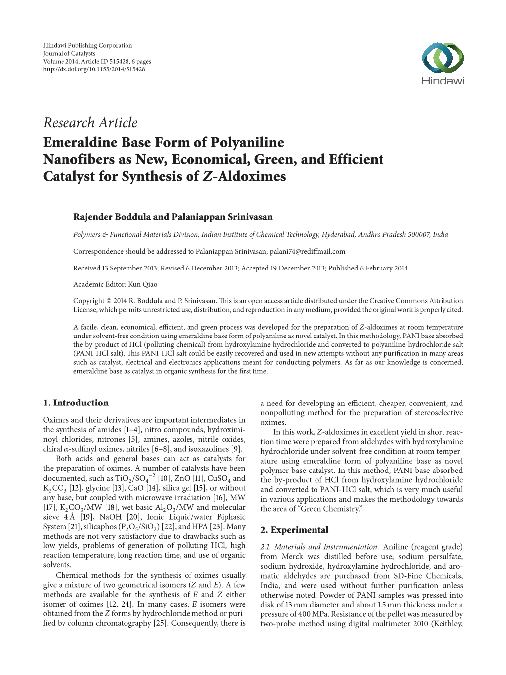 Emeraldine Base Form of Polyaniline Nanofibers As New, Economical, Green, and Efficient Catalyst for Synthesis of Z-Aldoximes