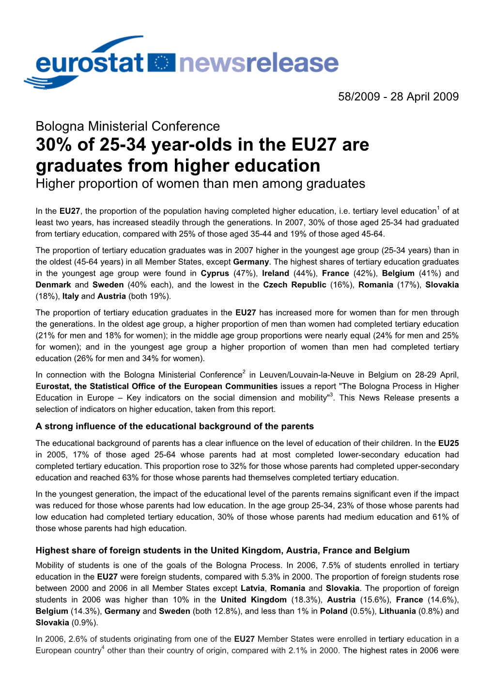 30% of 25-34 Year-Olds in the EU27 Are Graduates from Higher Education Higher Proportion of Women Than Men Among Graduates