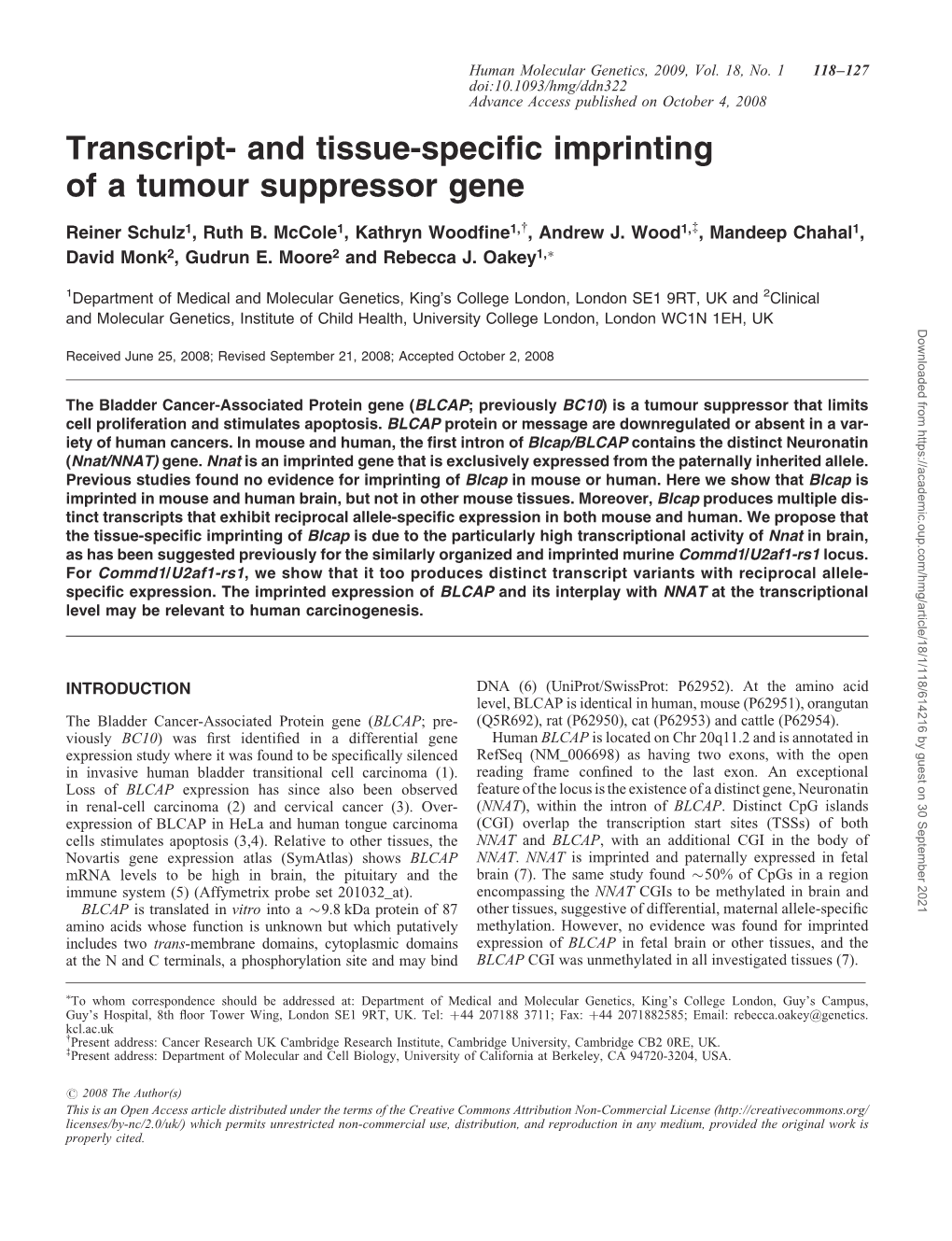 And Tissue-Specific Imprinting of a Tumour Suppressor Gene