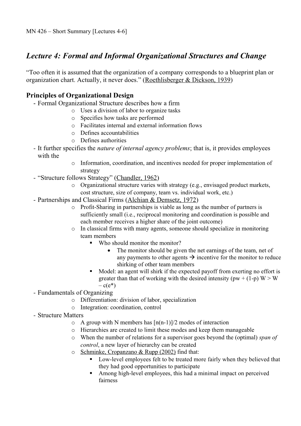 MN 426 Short Summary Lectures 1-3