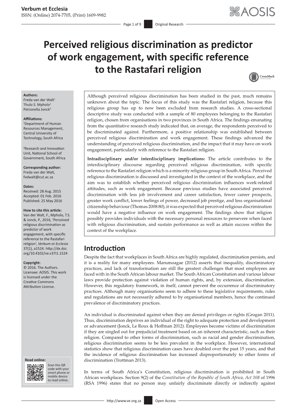 Perceived Religious Discrimination As Predictor of Work Engagement, with Specific Reference to the Rastafari Religion