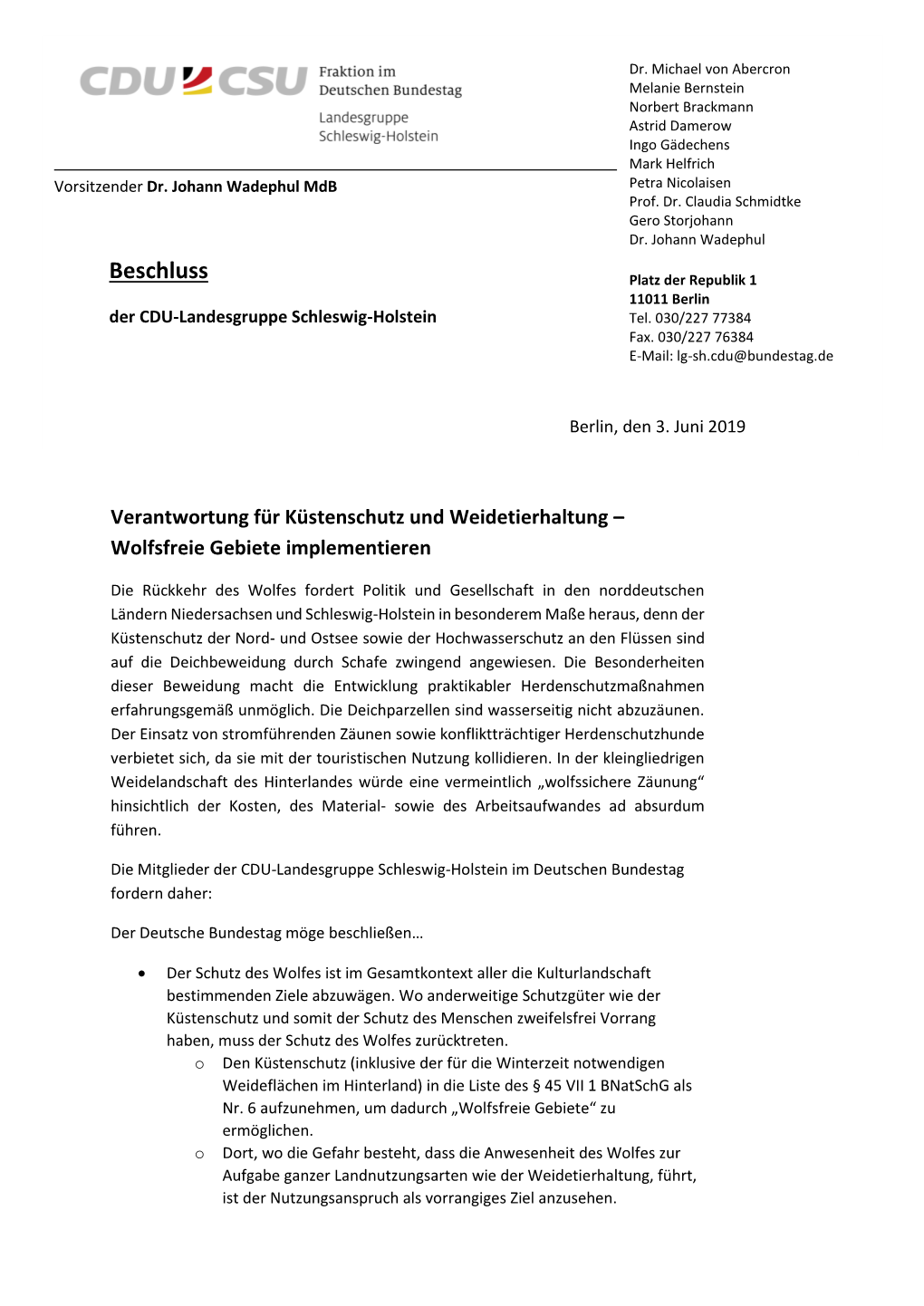 Beschluss Platz Der Republik 1 11011 Berlin Der CDU-Landesgruppe Schleswig-Holstein Tel