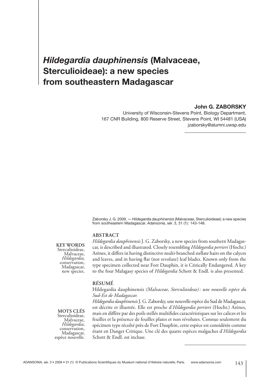 Hildegardia Dauphinensis (Malvaceae, Sterculioideae): a New Species from Southeastern Madagascar
