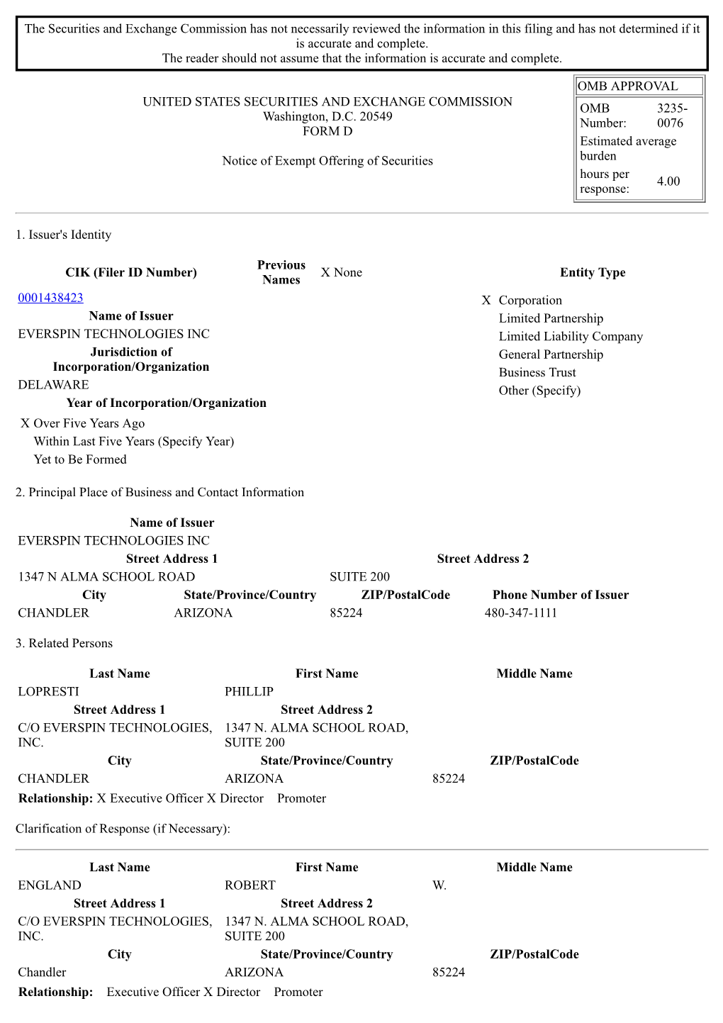 The Securities and Exchange Commission Has Not Necessarily Reviewed the Information in This Filing and Has Not Determined If It Is Accurate and Complete