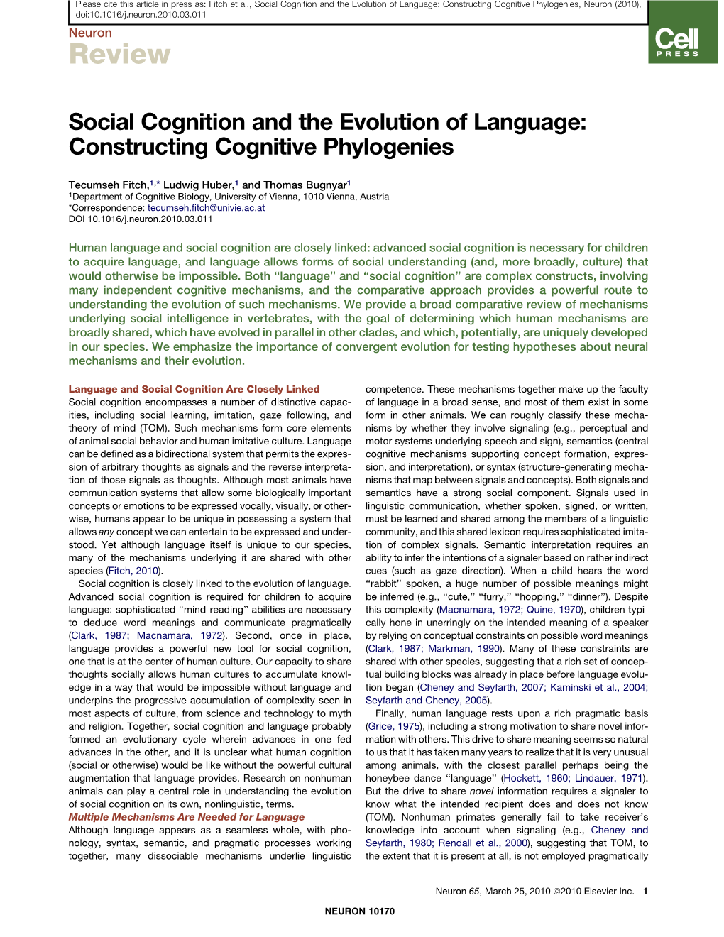 Constructing Cognitive Phylogenies, Neuron (2010), Doi:10.1016/J.Neuron.2010.03.011 Neuron Review