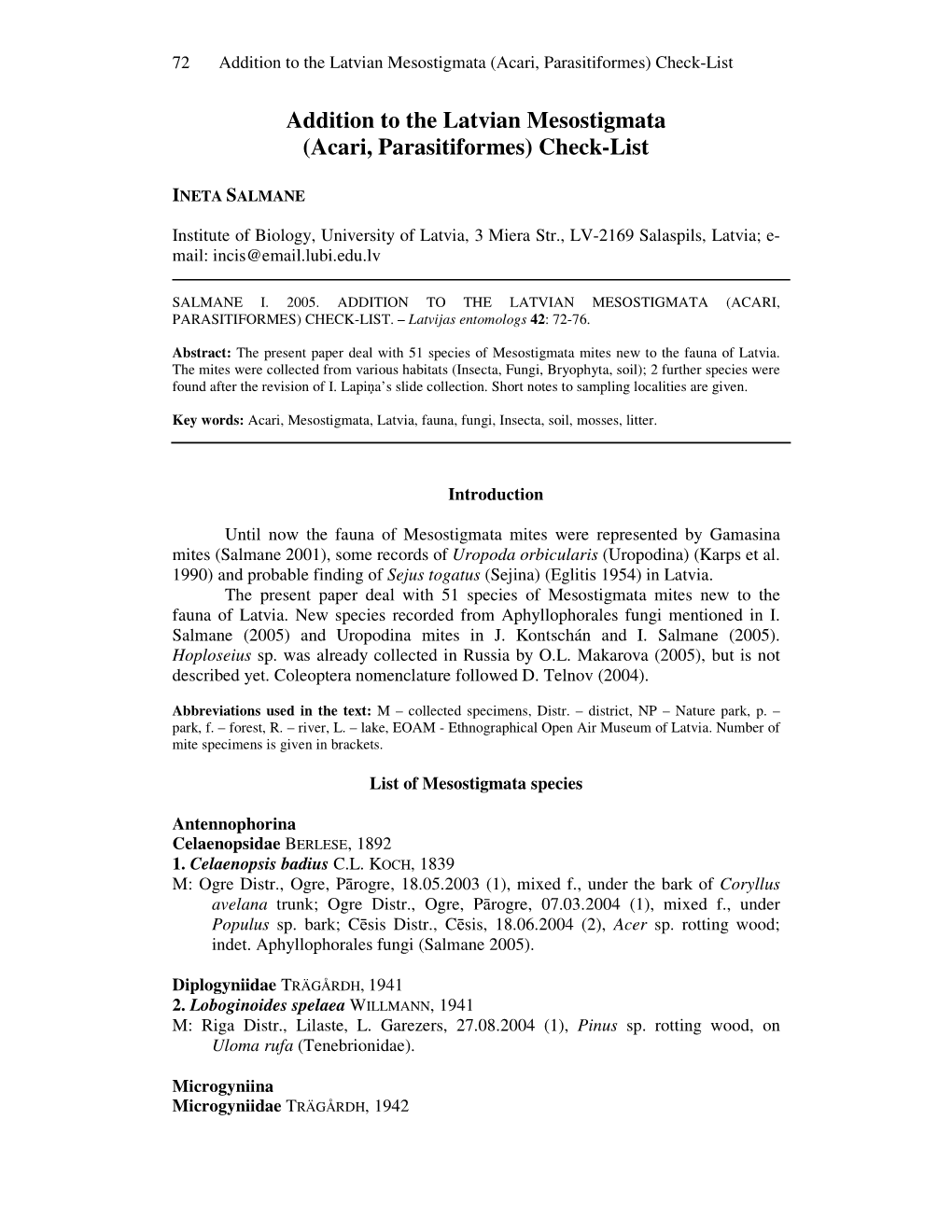 Addition to the Latvian Mesostigmata (Acari, Parasitiformes) Check-List