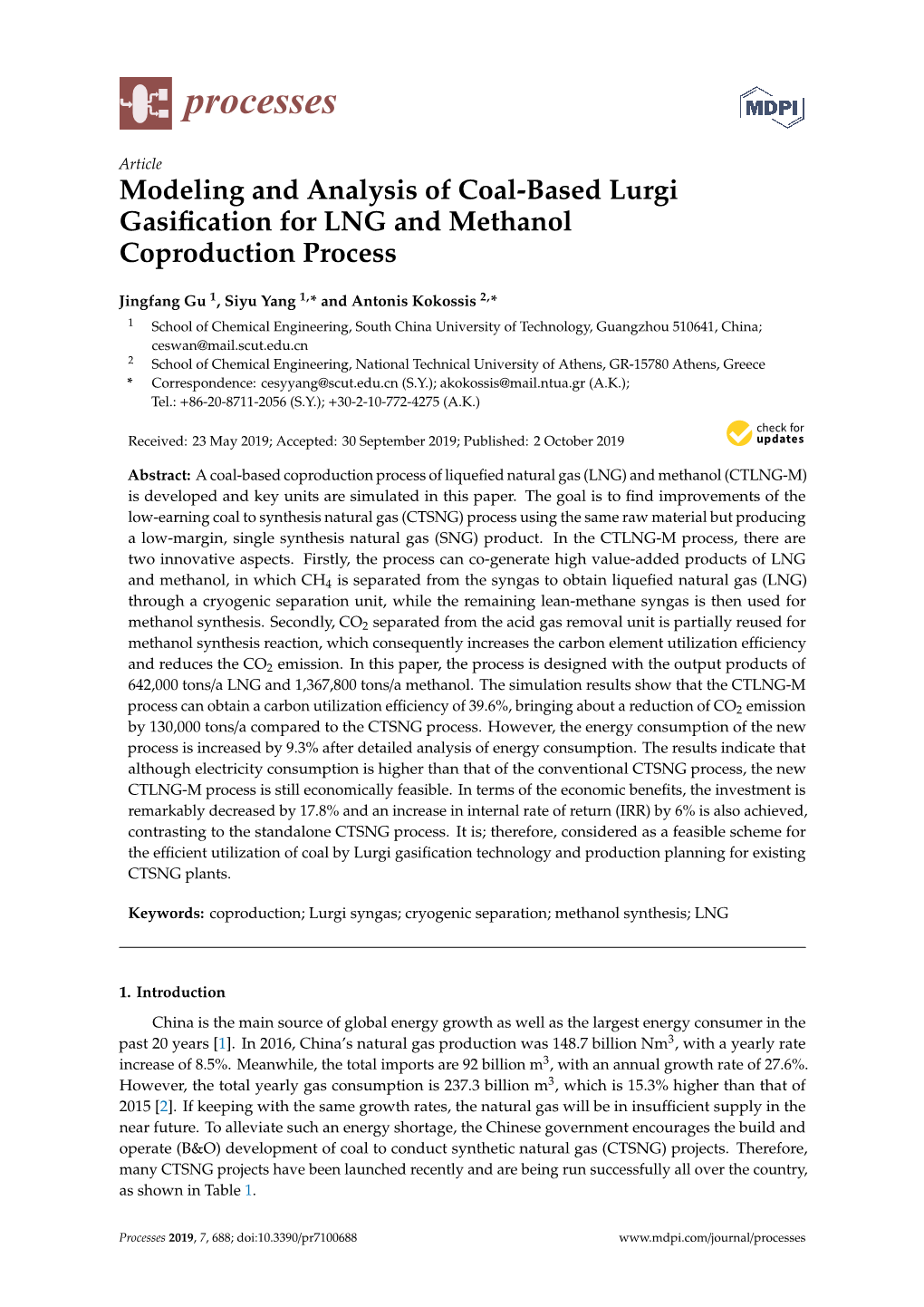 Modeling and Analysis of Coal-Based Lurgi Gasification for LNG and Methanol Coproduction Process