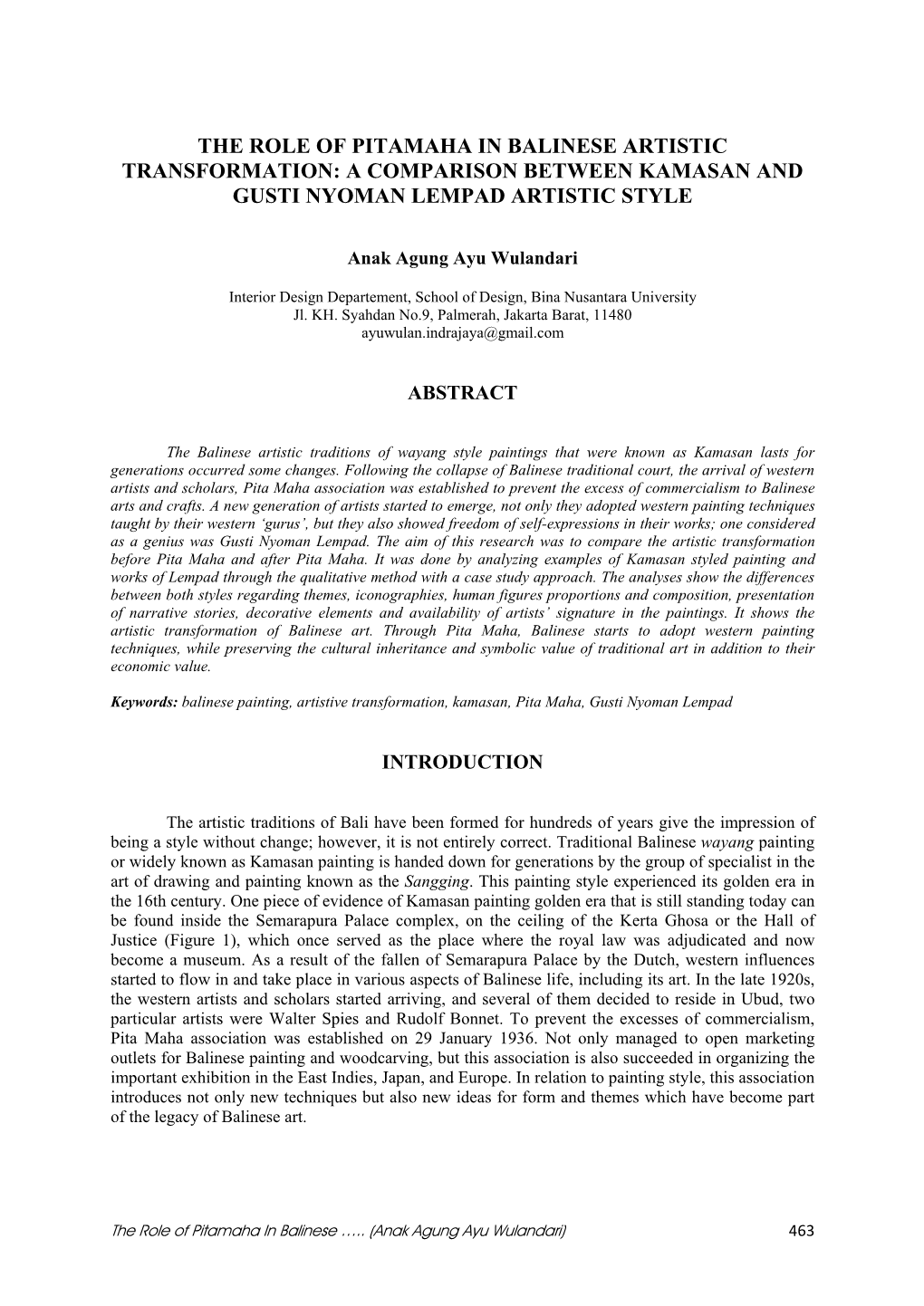 The Role of Pitamaha in Balinese Artistic Transformation: a Comparison Between Kamasan and Gusti Nyoman Lempad Artistic Style