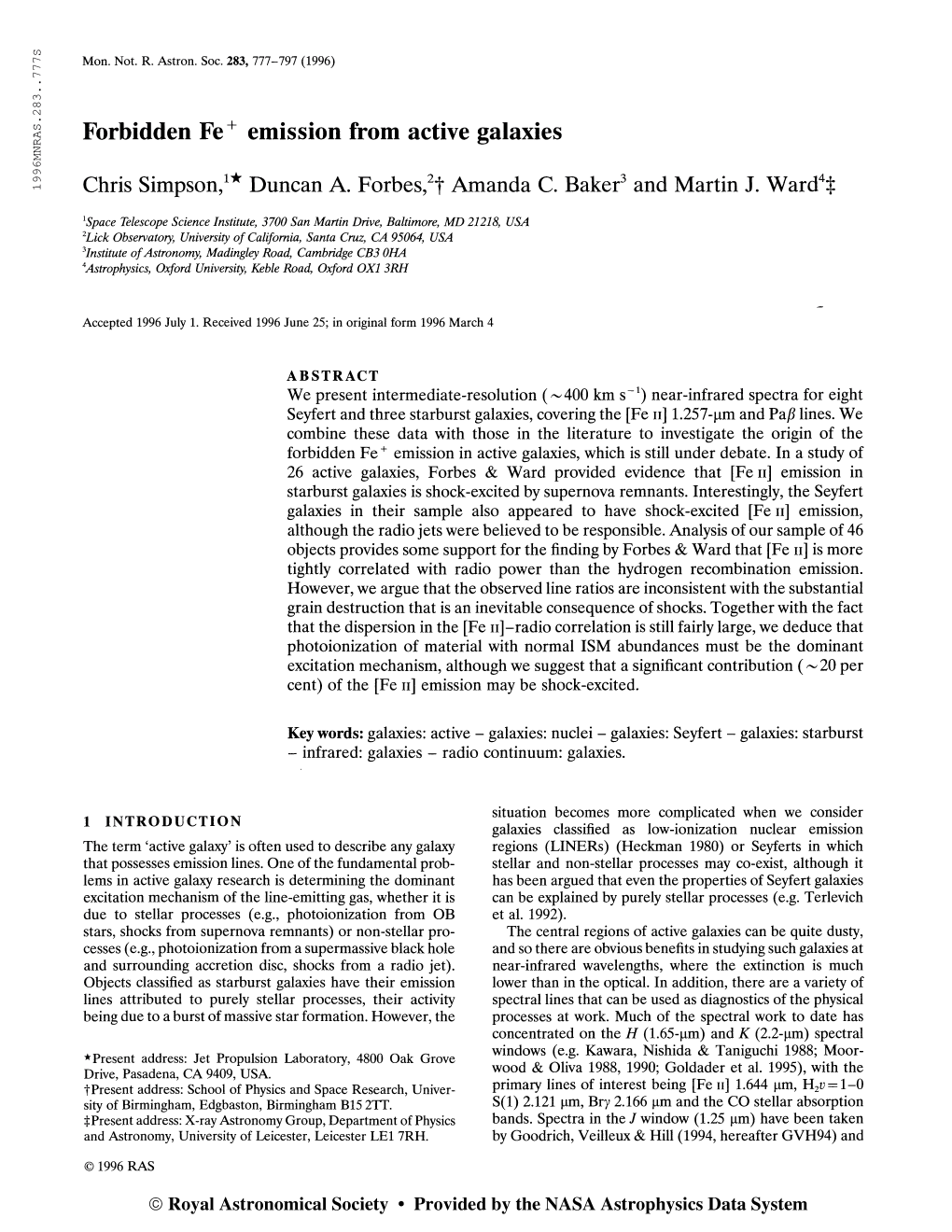 (1996) Forbidden Fe+ Emission from Active Galaxies Chris Simpson,1