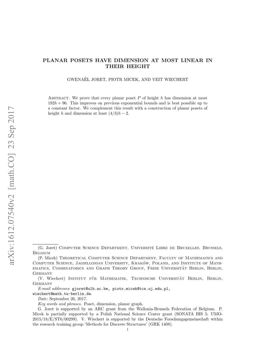 Planar Posets Have Dimension at Most Linear in Their Height