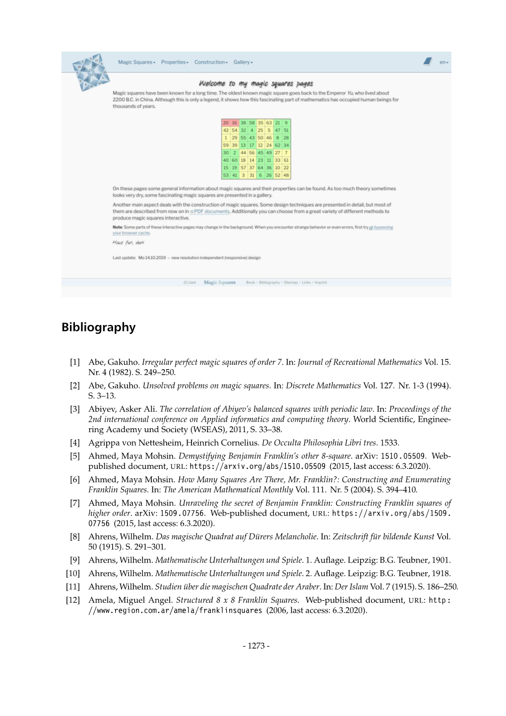 Bibliography of Magic Squares