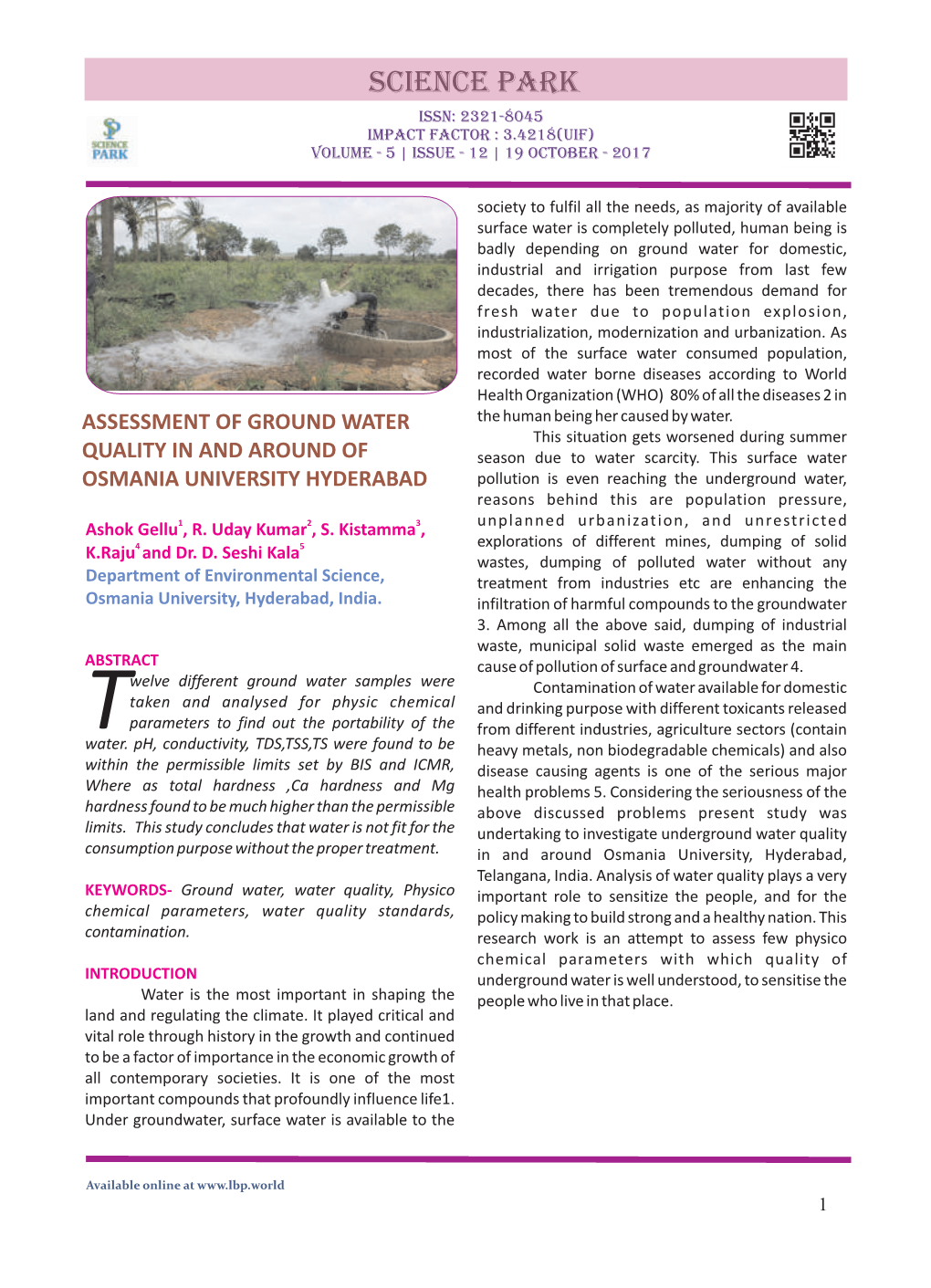 Assessment of Ground Water Quality in and Around of Osmania University Hyderabad