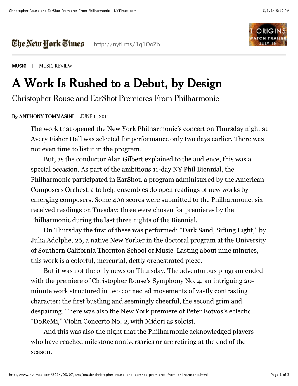 Christopher Rouse and Earshot Premieres from Philharmonic - Nytimes.Com 6/6/14 9:17 PM