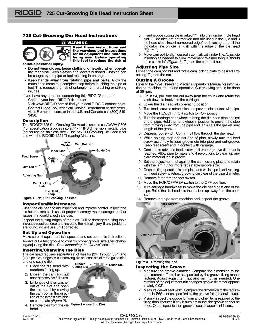 725 Cut-Grooving Die Head Instruction Sheet