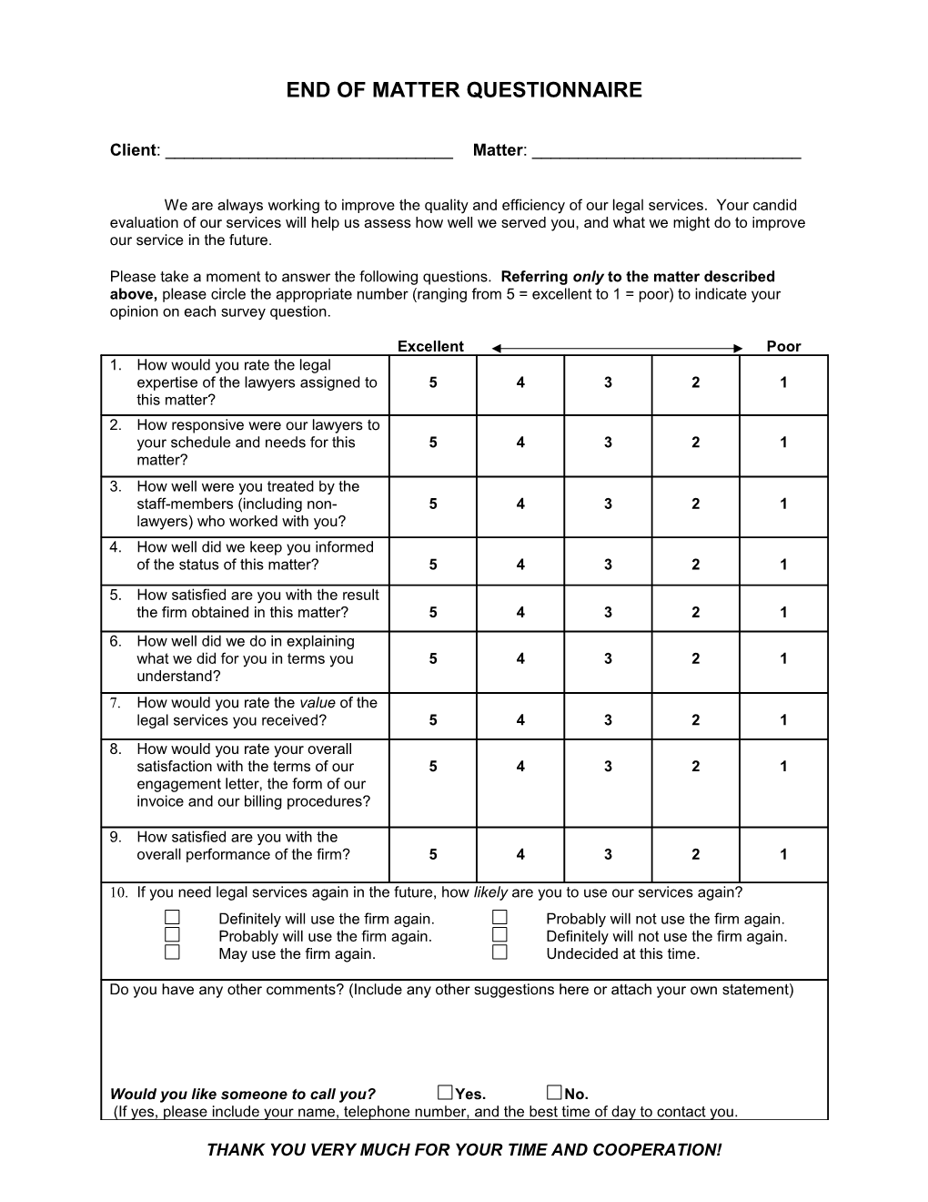 End of Matter Questionnaire