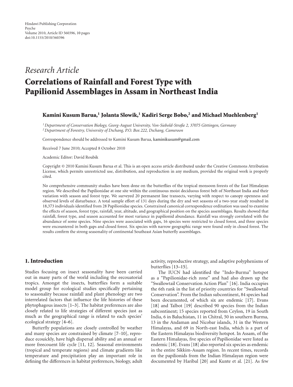 Correlations of Rainfall and Forest Type with Papilionid Assemblages in Assam in Northeast India