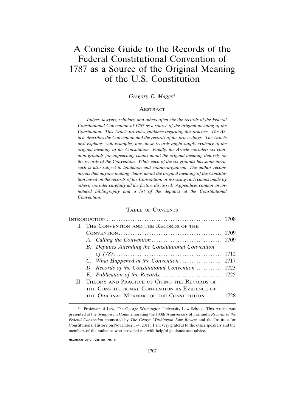 A Concise Guide to the Records of the Federal Constitutional Convention of 1787 As a Source of the Original Meaning of the U.S