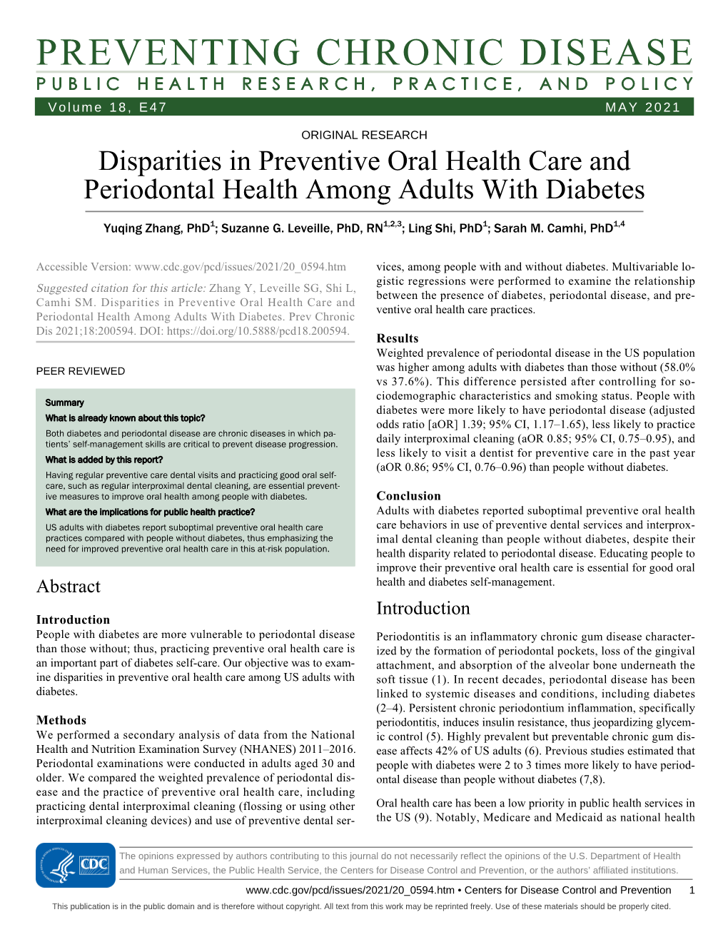 PREVENTING CHRONIC DISEASE PUBLIC HEALTH RESEARCH, PRACTICE, and POLICY Volume 18, E47 MAY 2021