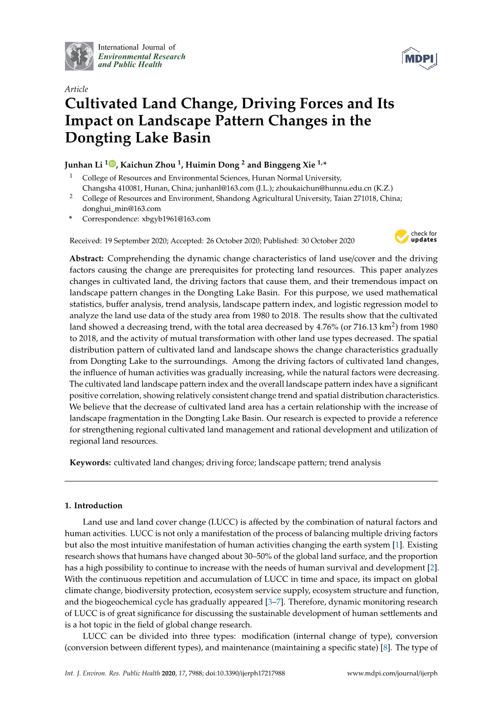 Cultivated Land Change, Driving Forces and Its Impact on Landscape Pattern Changes in the Dongting Lake Basin