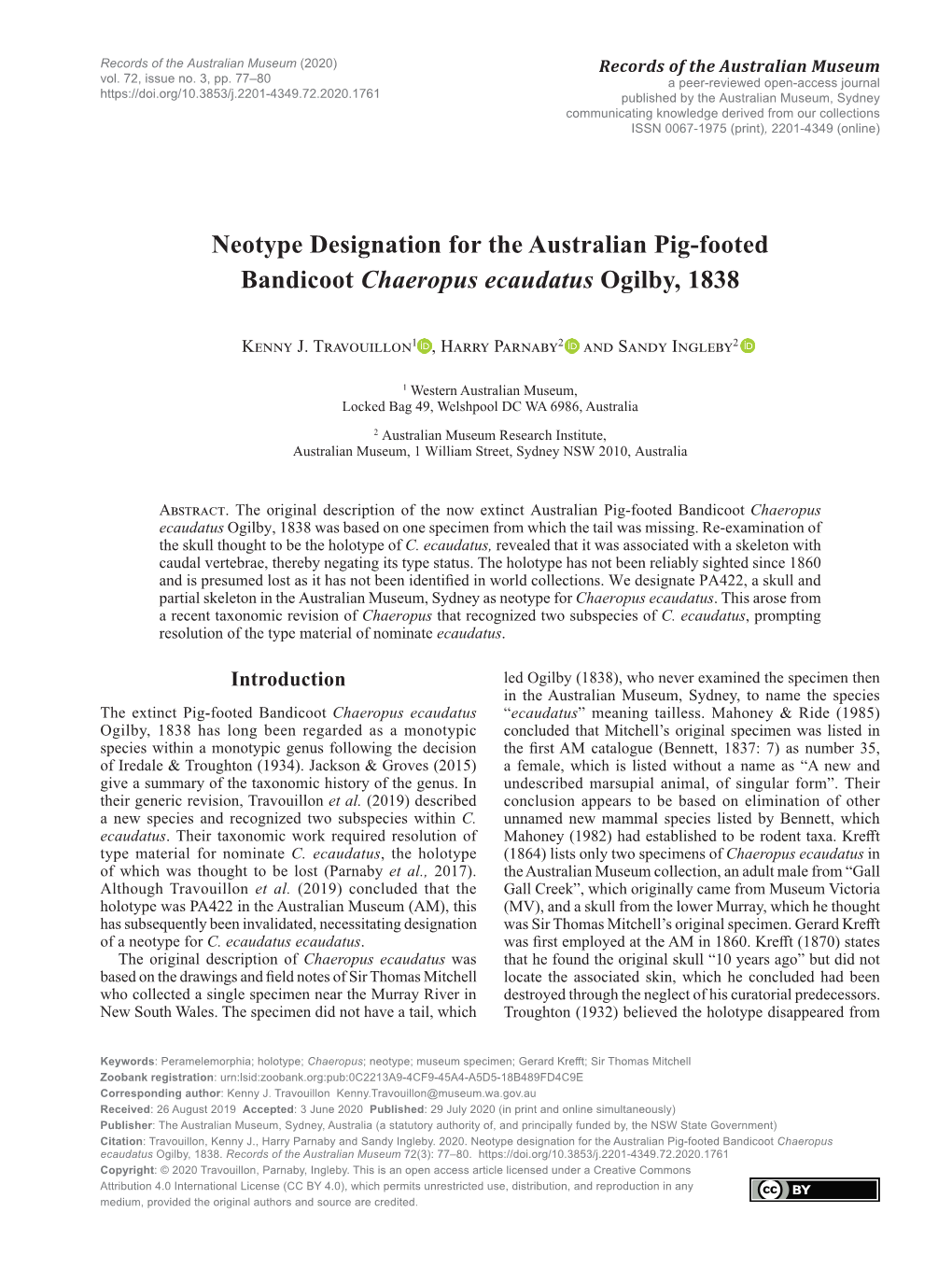 Neotype Designation for the Australian Pig-Footed Bandicoot Chaeropus Ecaudatus Ogilby, 1838