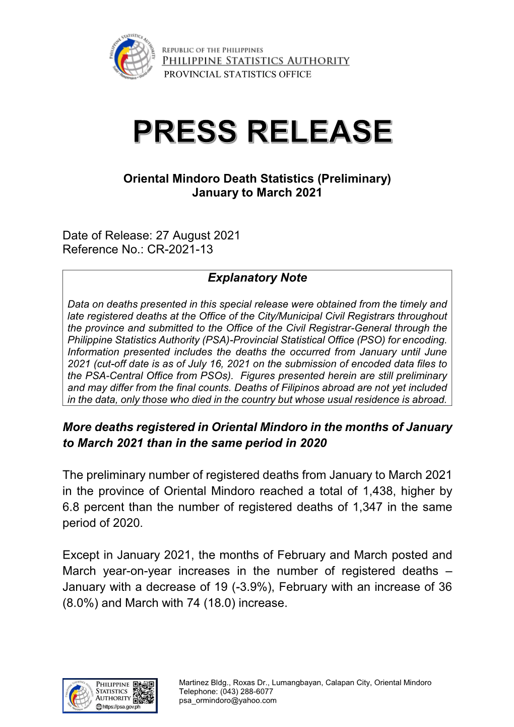 Oriental Mindoro Death Statistics (Preliminary) January to March 2021