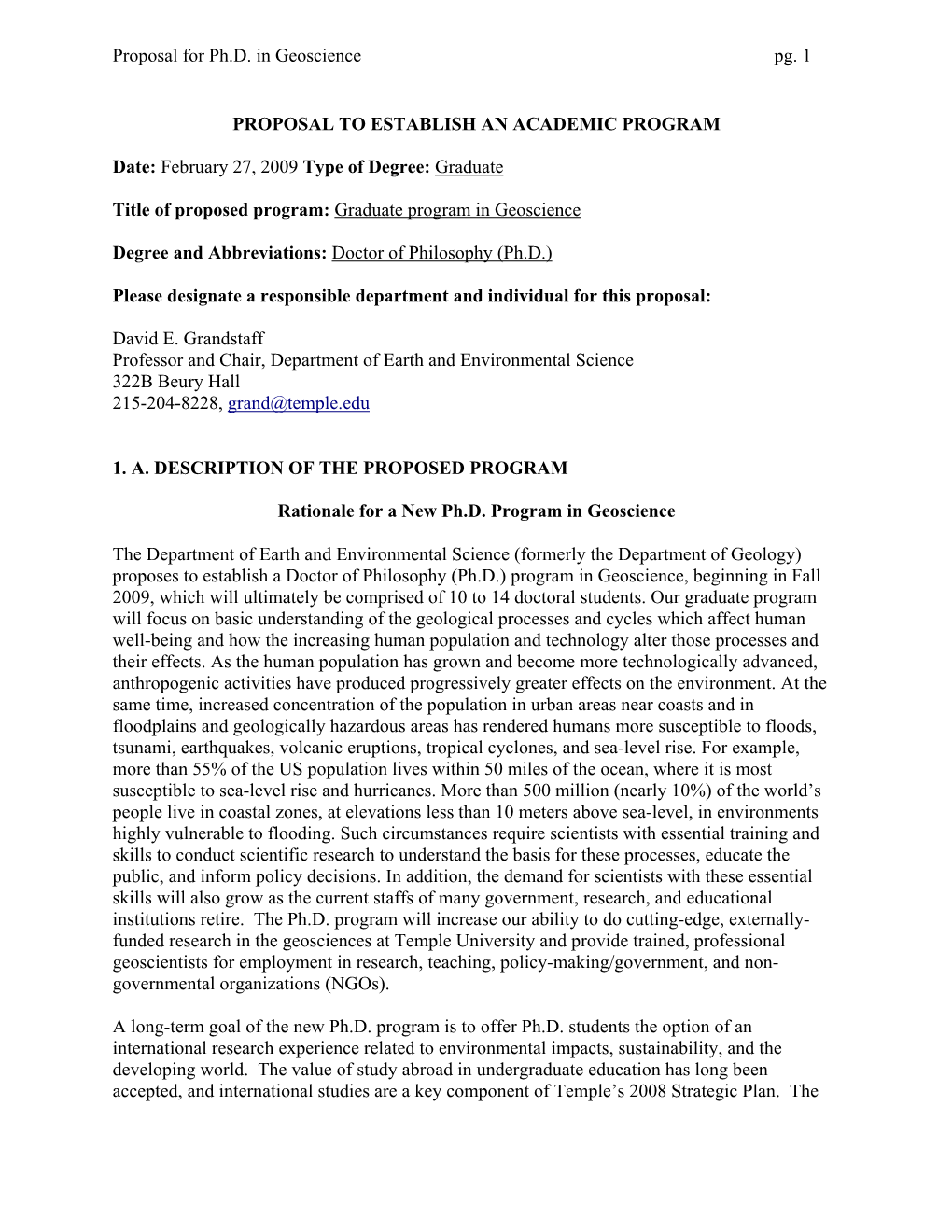 Proposal for Ph.D. in Geoscience Pg. 1 PROPOSAL to ESTABLISH an ACADEMIC PROGRAM Date