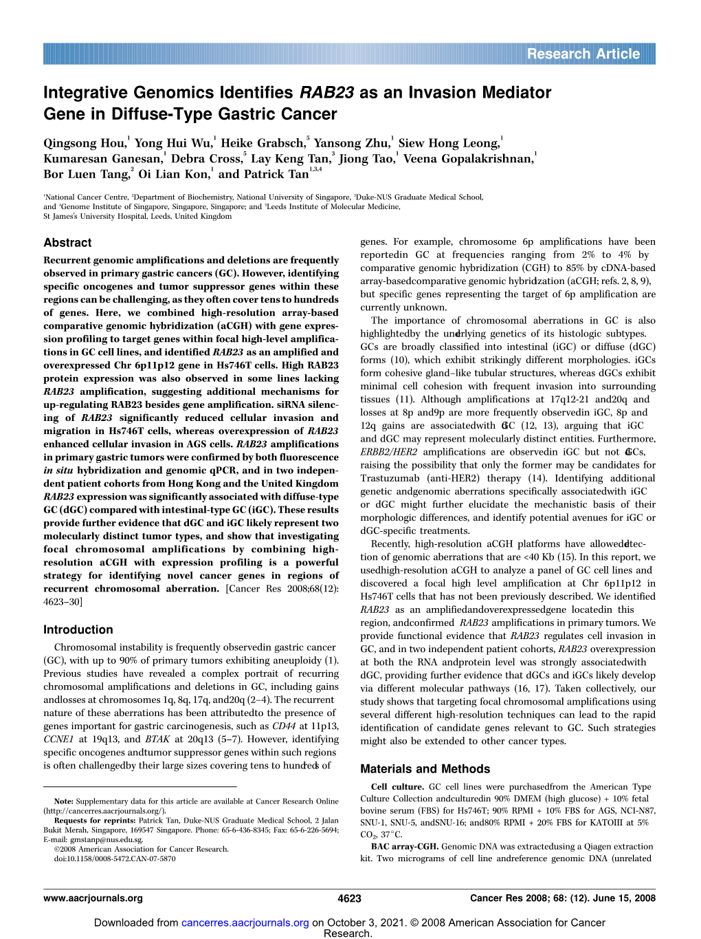 Integrative Genomics Identifies RAB23 As an Invasion Mediator Gene in Diffuse-Type Gastric Cancer