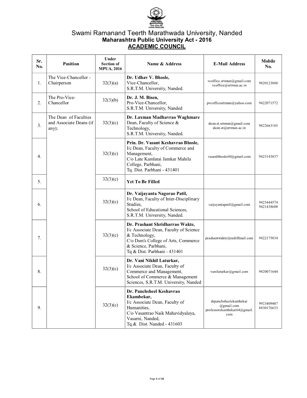 Swami Ramanand Teerth Marathwada University, Nanded Maharashtra Public University Act - 2016 ACADEMIC COUNCIL
