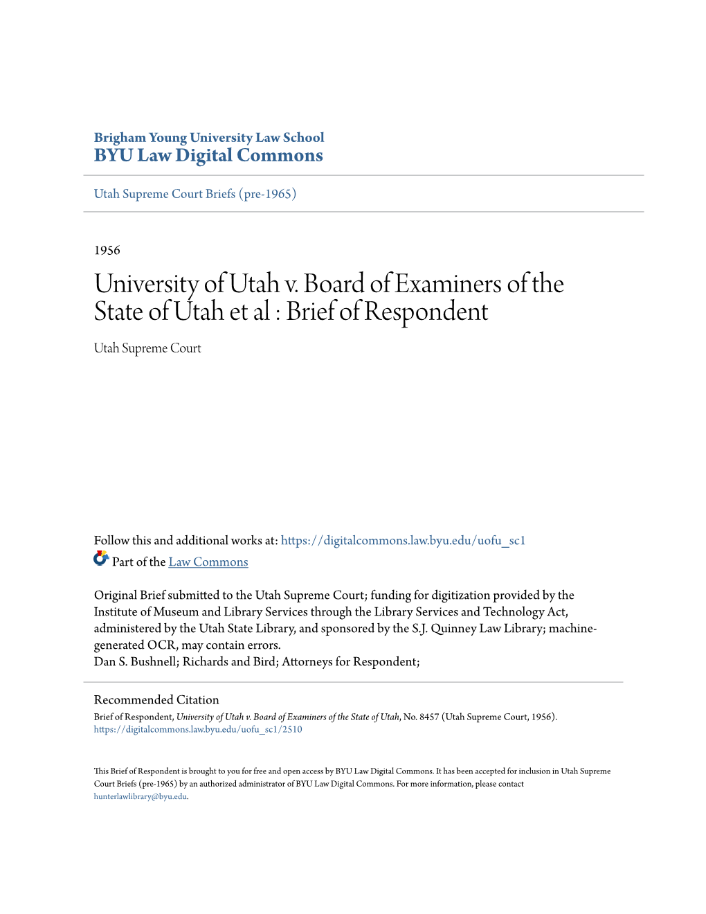 University of Utah V. Board of Examiners of the State of Utah Et Al : Brief of Respondent Utah Supreme Court