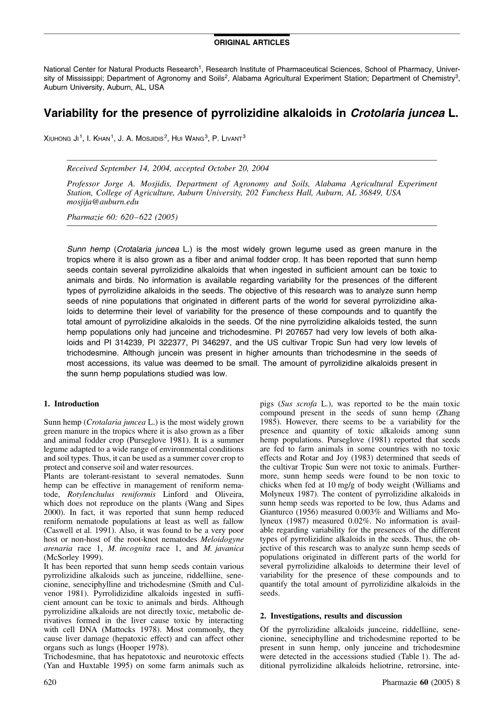 Variability for the Presence of Pyrrolizidine Alkaloids in Crotolaria Juncea L