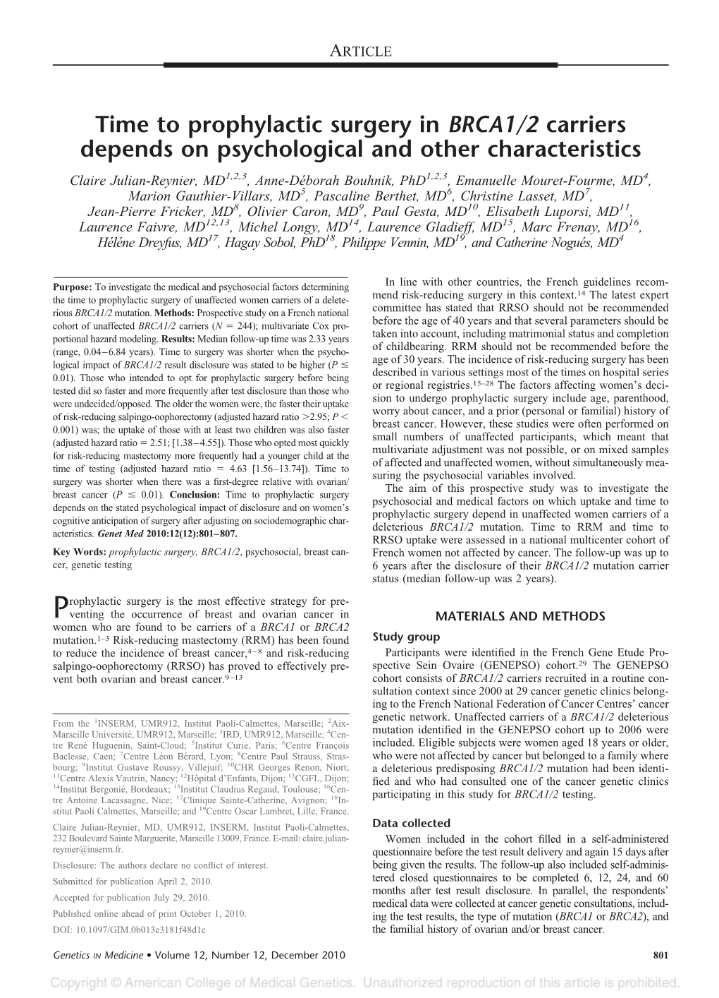 Time to Prophylactic Surgery in BRCA1/2 Carriers Depends on Psychological and Other Characteristics